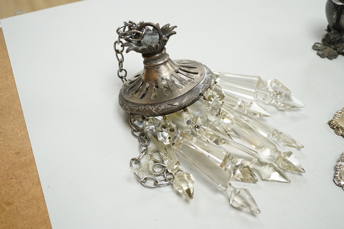 Sundry items to include a plated lustre drop hanging light, decanter labels and a small pot, mounted with a putti